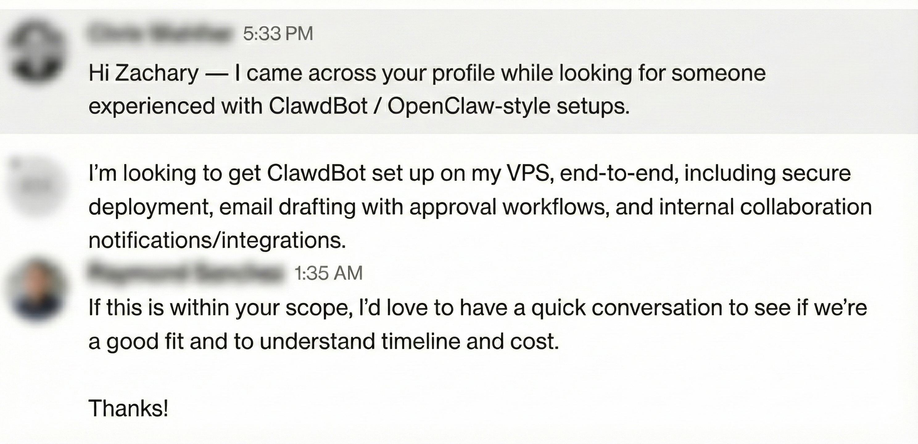 Conversation screenshot from a prospect requesting ClawdBot or OpenClaw-style VPS setup